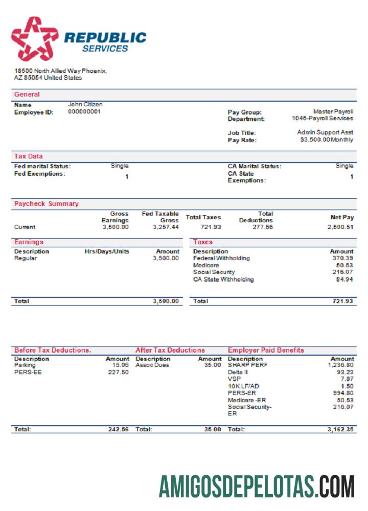 Recibo de pagamento da empresa de gerenciamento de resíduos de serviços da República dos EUA baixar para verificação
